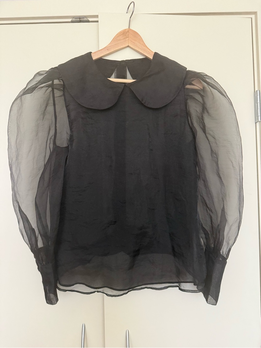 Vintage Sheer Organza Black Peter Pan Collar Reversible Balloon Blouse M/L EUC